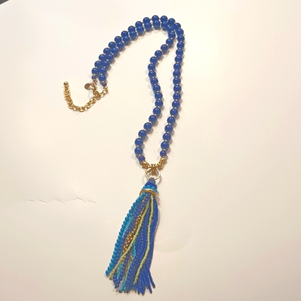 Chico's beaded blue and gold tassel necklace